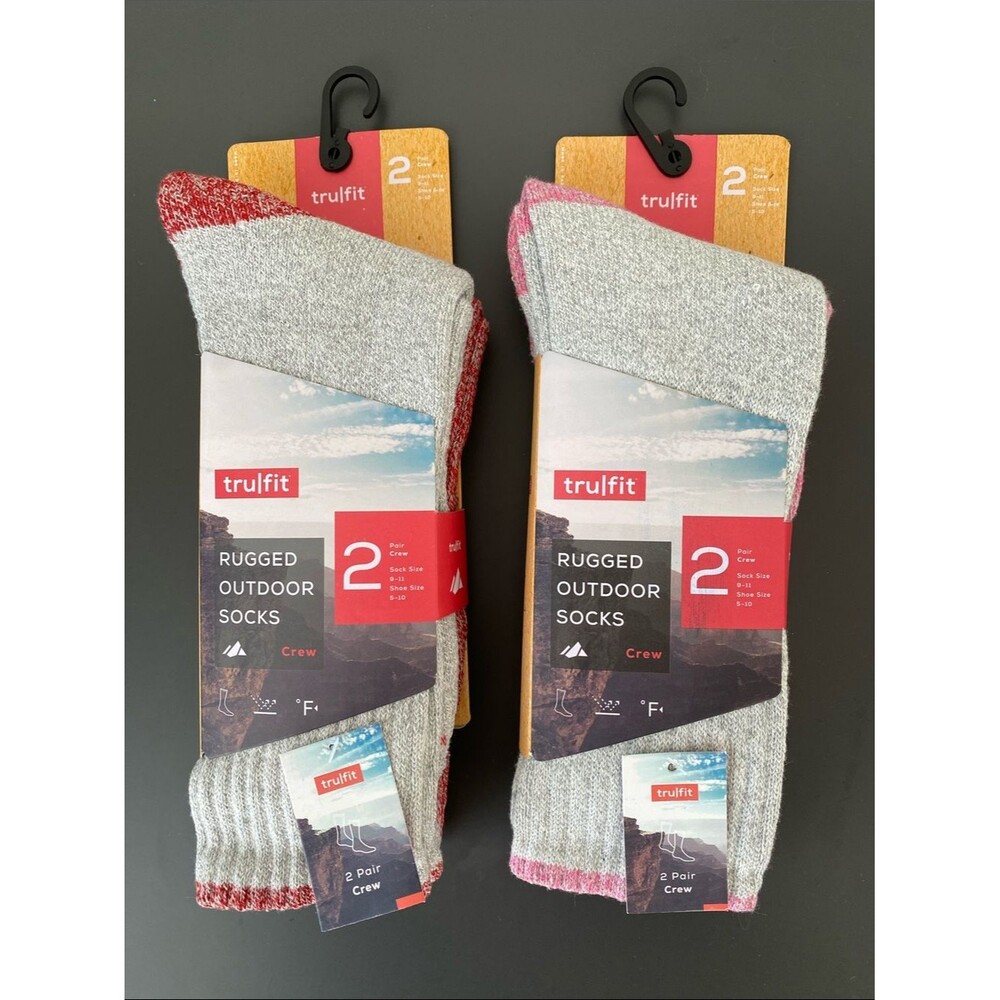 2-Pack 4 Counts Rugged Outdoor Crew Socks Gray Red Pink Outdoor Hiking Skiing